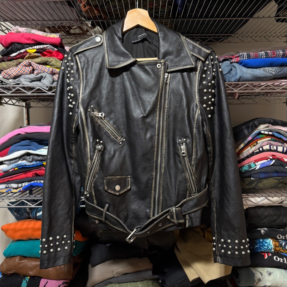 Zara Jacket Women M Black Basic Studded Faux Leather Moto Biker Belted Punk